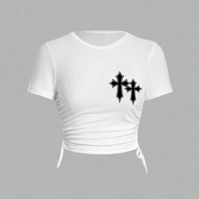 SHEIN EZwear Casual Minimalist Cross Graphic Round Neck Short Sleeve Slim Fit Side Drawstring Women T-Shirt