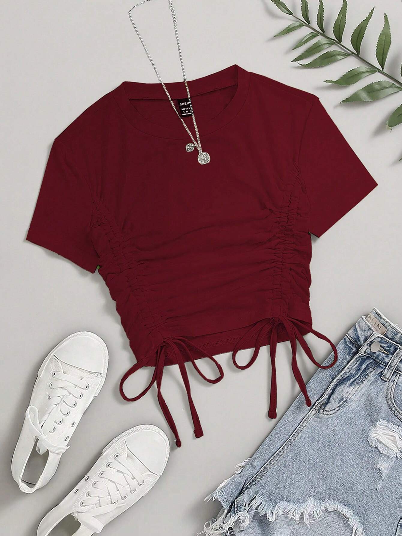 Flirla Women's Summer Solid Color Round Neck Short Sleeve Drawstring Casual T-Shirt