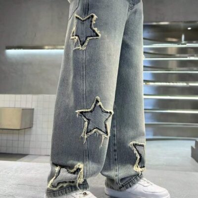 Teen Boy Straight Leg Distressed Denim Jeans, Fashionable Pentagram Flared Pants