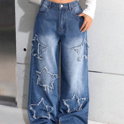SHEIN Teen Girls Y2k Fashion Casual Loose Wide Leg Jeans With Star Patchwork, Wide Leg Pants, Girls Fall Back To School Clothes Outfits