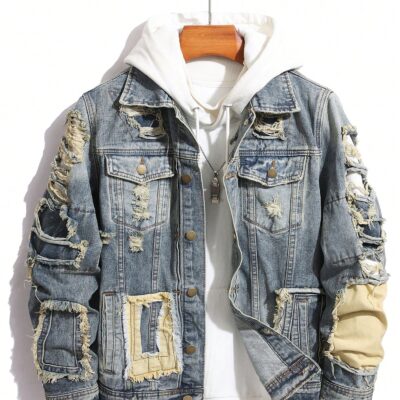 Manfinity LEGND Men Distressed Single Breasted Casual Denim Jacket, Long Sleeve