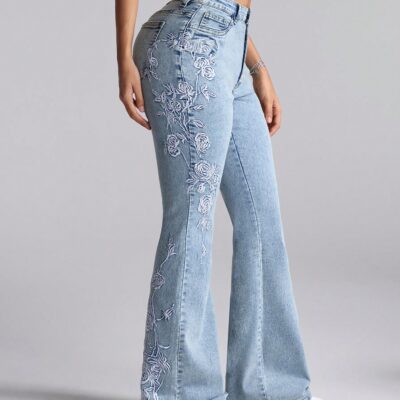 SHEIN PETITE Women's Casual Washed Floral Embroidered Low Waist Flare Jeans