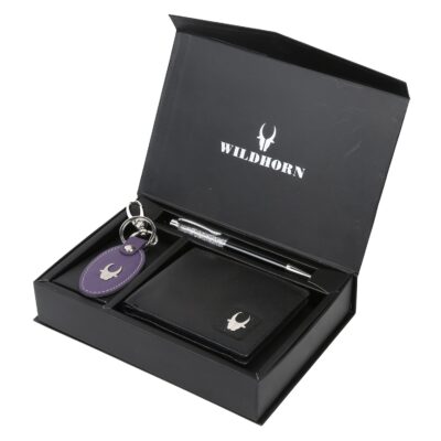 Wildhorn Men Black Wallet, Key Ring & Pen (Rakhi Gift)