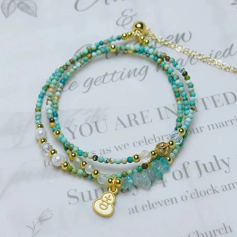 Natural Crystal Jewelry Xiaomi Turquoise Round Beads Three-Circle Pull-Out Adjustable Bracelet